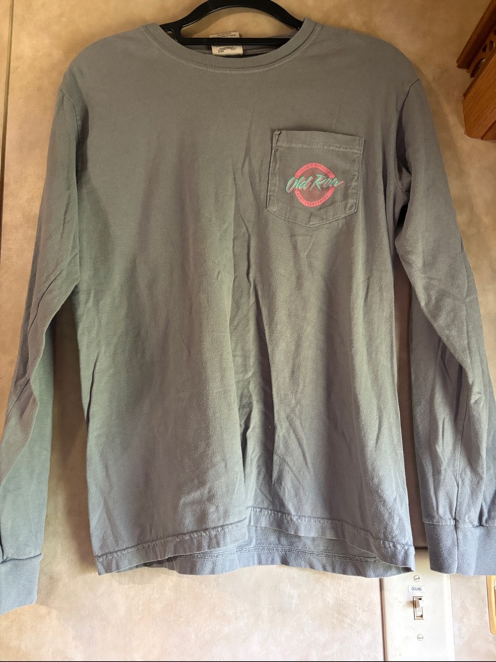 Comfort Colors Long Sleeve Pocket Tee in Dusty Blue with Pink Logo